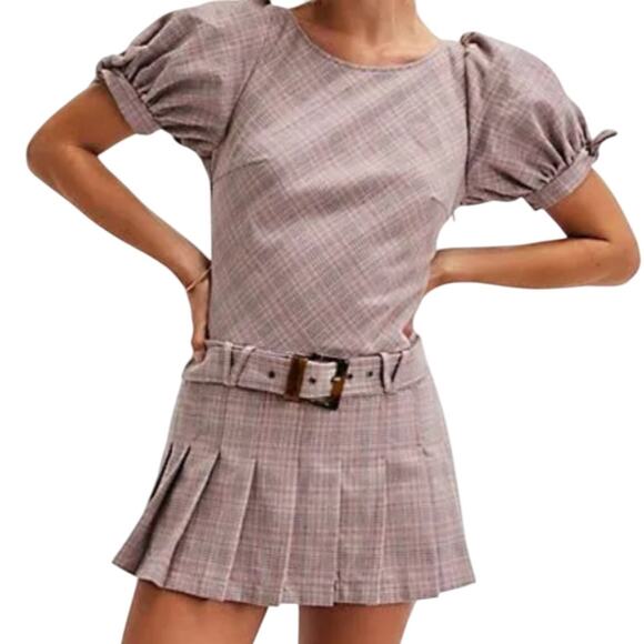 Free People Sevi Plaid Mini Dress Women's XL Drop Waist Belt Pleated Pink NEW - Picture 1 of 8